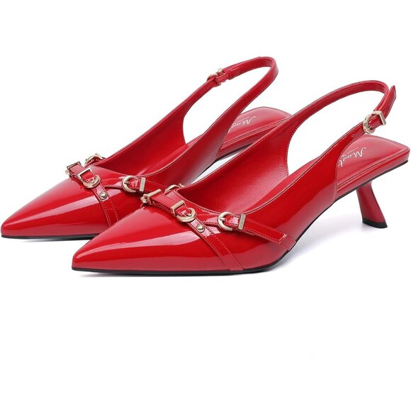 Mostrin Kitten Heel Ruby Faux Leather Low Slingback Heel with Buckle Dress Shoes - Picture 8 of 9
